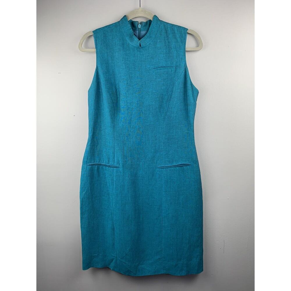 Vintage Liz Claiborne Dress Womens 8 Petite Turquoise linen blend sleeveless